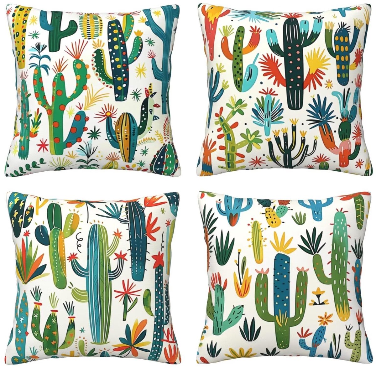 Set van 4 kussenhoezen, sierkussenhoezen met kleurrijke cactus, 65 x 65 cm, behaaglijk, kussenhoes met onzichtbare ritssluiting, zacht, wollig, bankkussen, wasbaar, voor terras, tuin, bank en