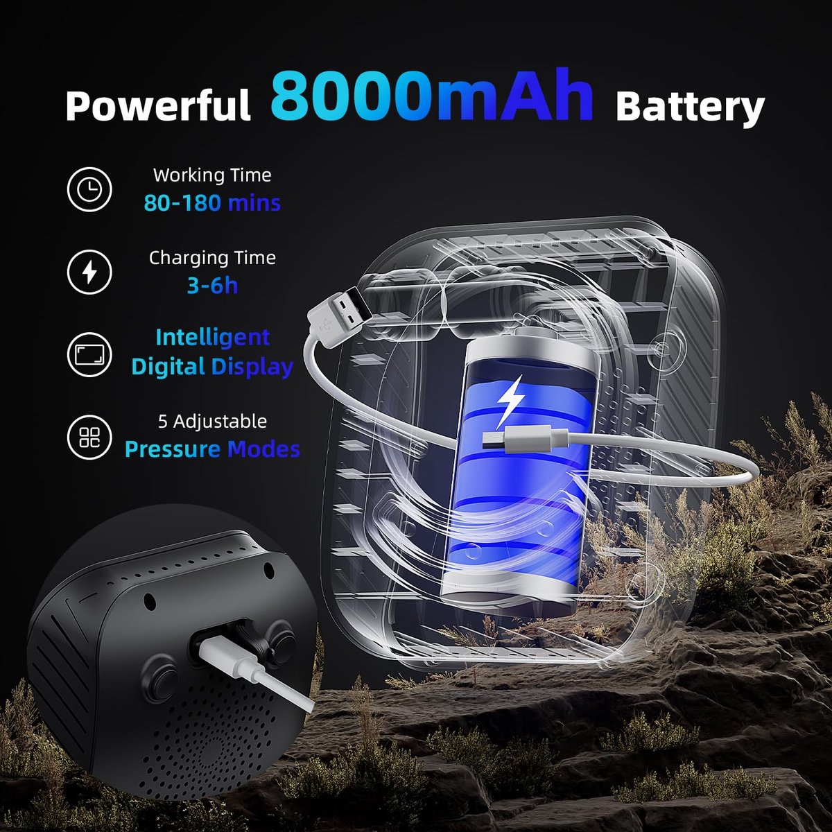 Campingdouche, draagbaar, 8000 mAh, campingdouche, pomp met temperatuurweergave, 5 gallon, inklapbare emmer, buitendouche, voor kamperen, reizen, tuin, wandelen, autowassen, zwart