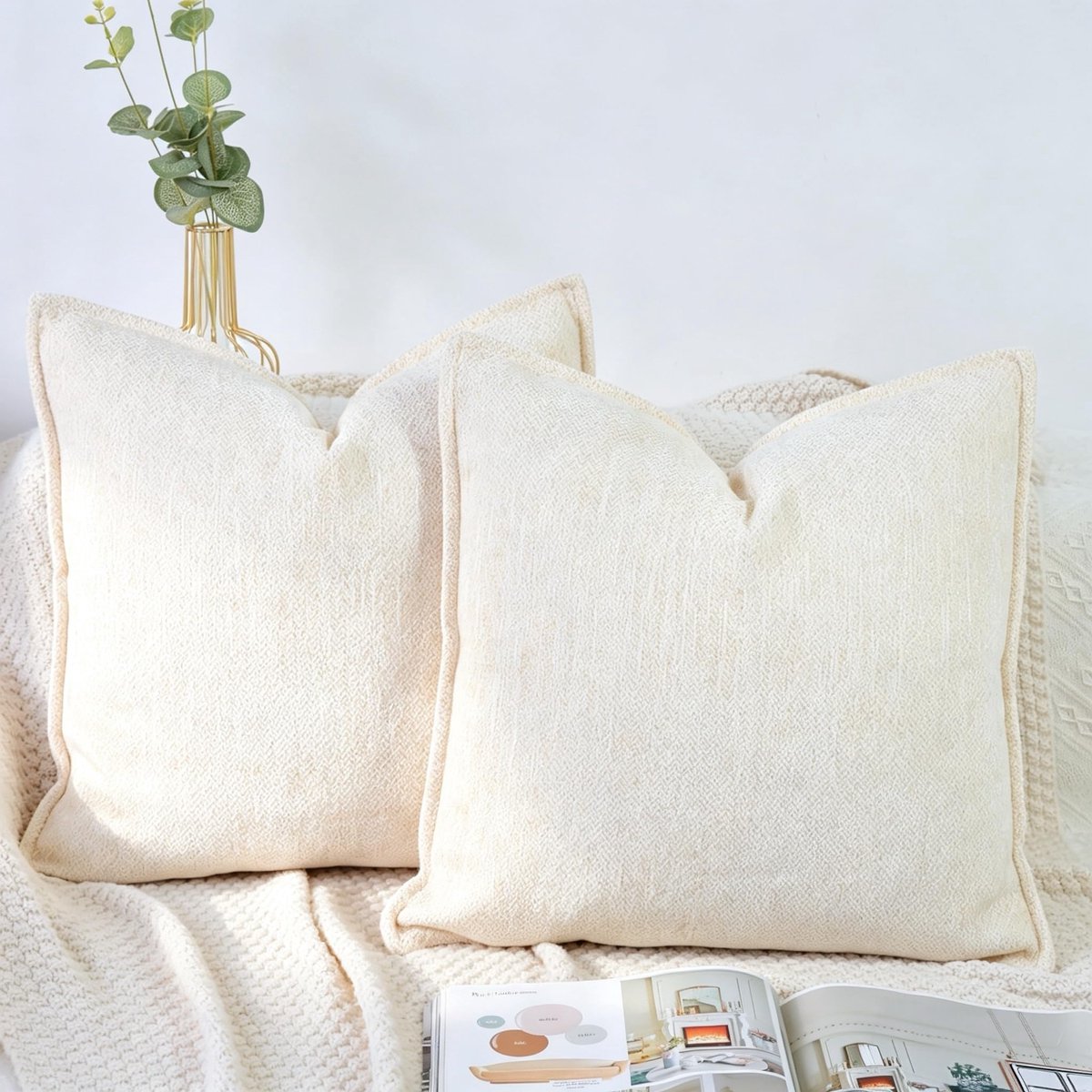 Cream Kussenhoezen 50x50 Chenille 2 Stuks Kussenslopen Decoratieve Bankkussens luxe Knuffelkussen Zachte Decoratieve Kussenhoezen Woonkamer Slaapkamer Caravan