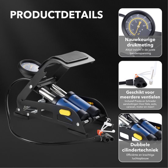 Packaway Professionele Voetpomp Fietspomp - Dubbele cilinder - Manometer tot 8 bar - Metaal - Zwart Blauw — afbeelding 5