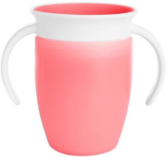 Gobelet anti-fuite rose 360° avec poignées blanches et bord blanc.