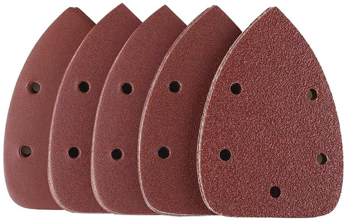 Dailygoods- Schuurpapier Set 50 Stuks - Schuurpapier Driehoek 140x90mm - Klittenband - 5 Gaten - Aluminium Oxidekorrel - Geschikt voor Deltaschuurmachine - Schuurmachinepapier