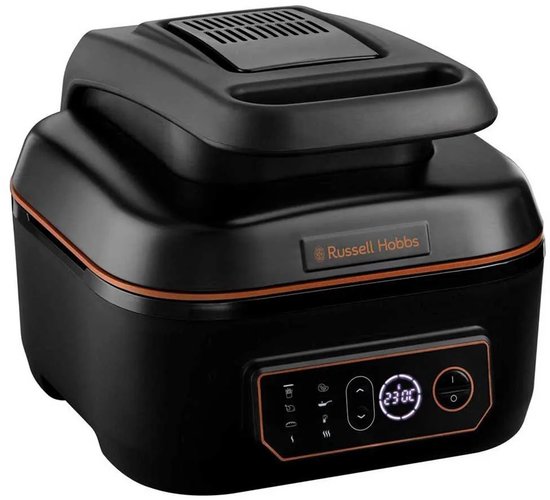 Zwarte Russell Hobbs airfryer met gesloten deksel en digitaal bedieningspaneel.