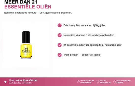 Een flesje Dadi'Oil met gele vloeistof en zwarte dop.