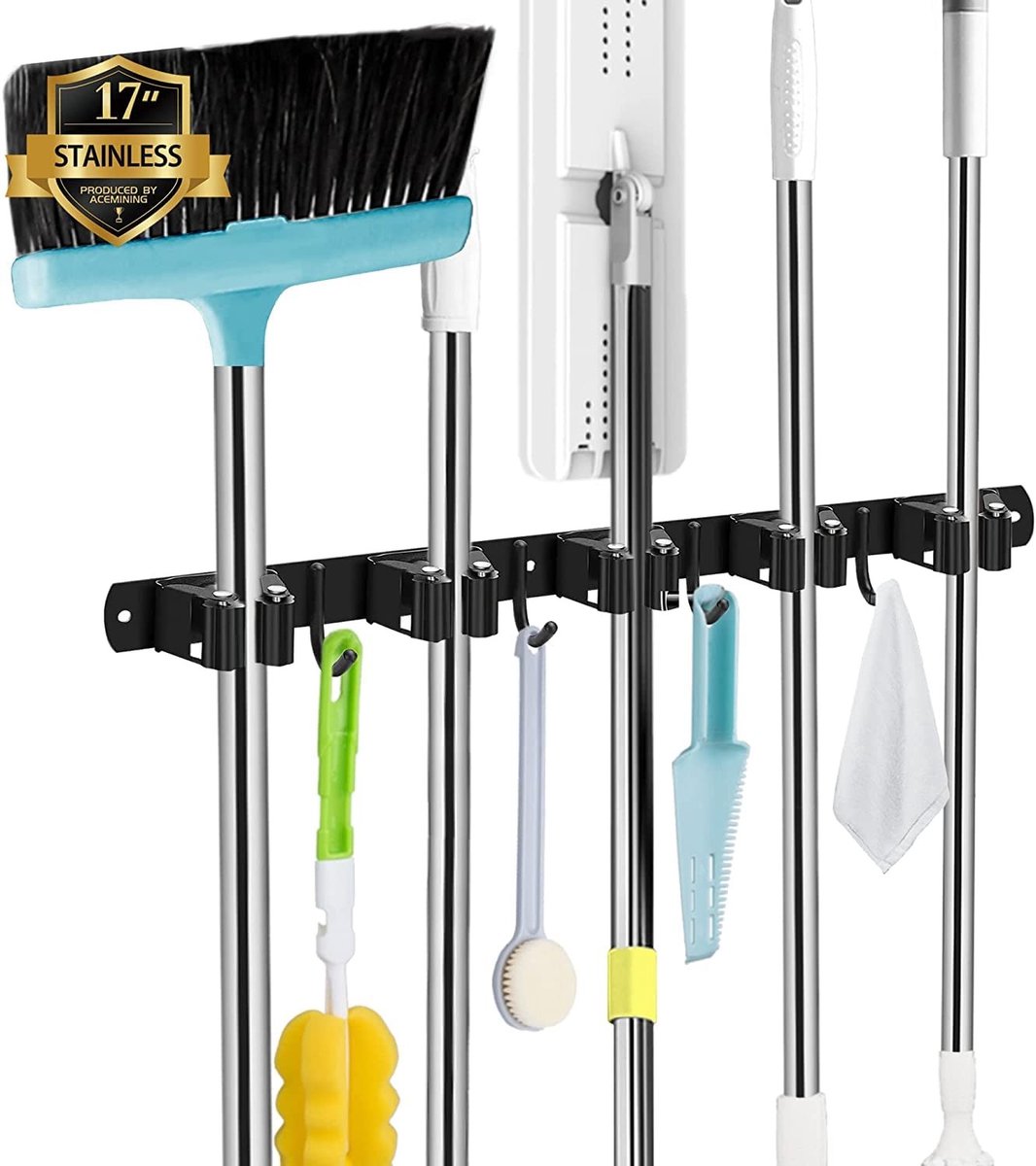 Dailygoods- Broomhouder Zware Tool Houder - 5-Houders/4-Haken - Roestvrij Staal - Antislip - Duurzaam - Geschikt voor Greepdiameter 19-30 mm - Gereedschaphouder