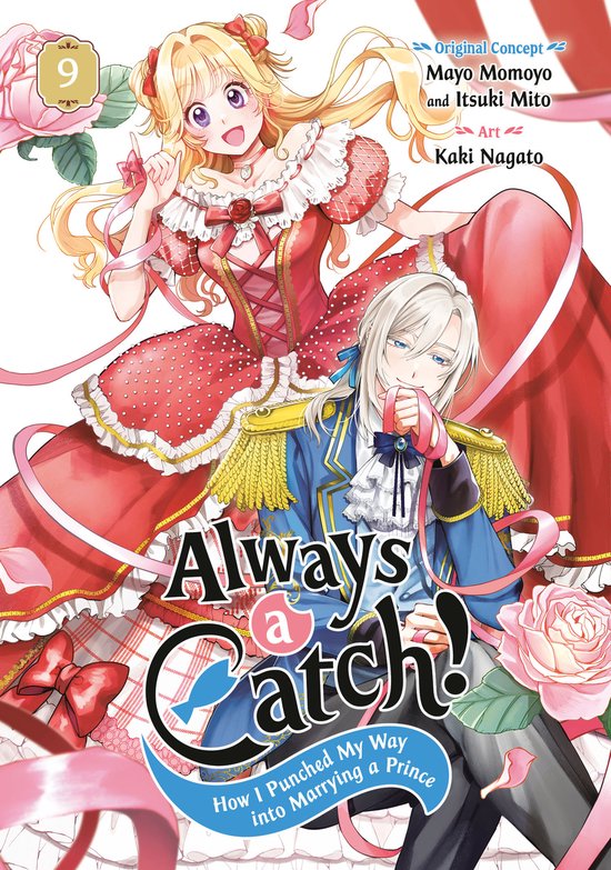Een anime-illustratie van een blondharig meisje in een rode jurk en een man met zilver haar in een blauw uniform. De tekst luidt 'Always a Catch! 9'.