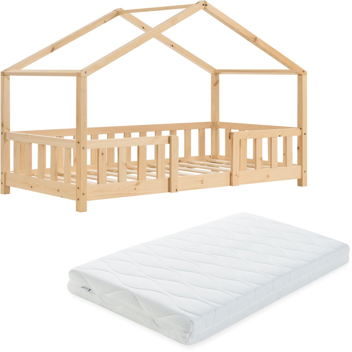 Kinderbed Treviolo met uitvalbeveiliging en matras 80x160 cm naturel [en.casa]