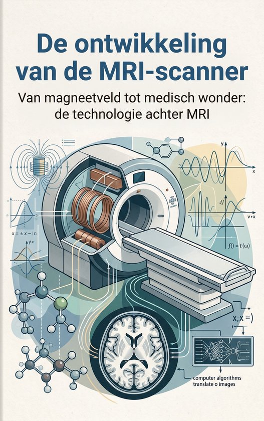 Un scanner IRM dans les tons gris et cuivre, avec des structures moléculaires et des graphiques.