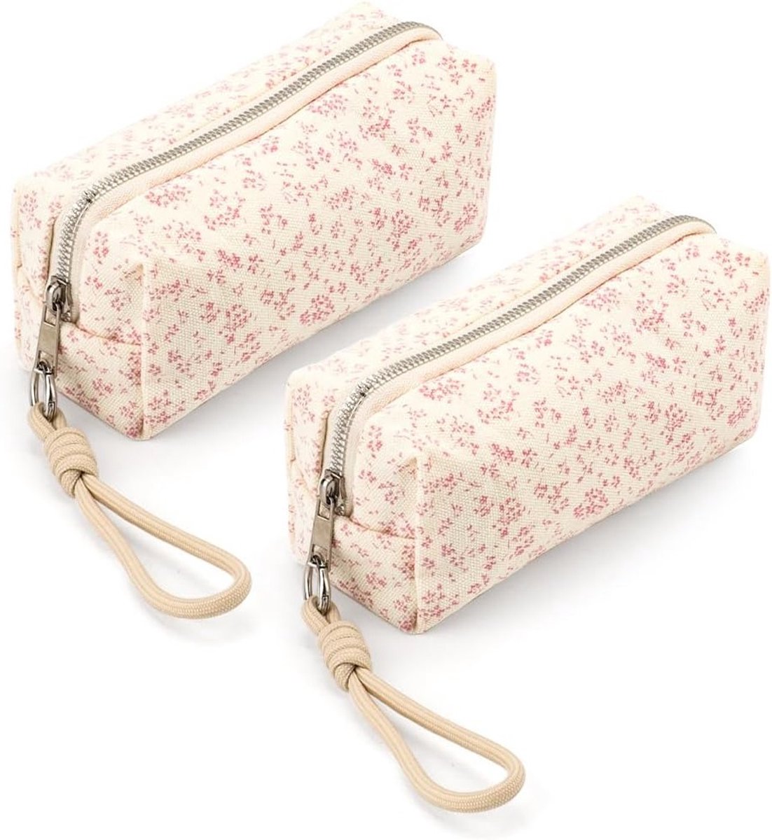 Set van 2 Pennen Etuis met Rits en Polsbandje - Bloemenpatroon, Geschikt voor School, Kantoor en Make-up, Roze en Floral