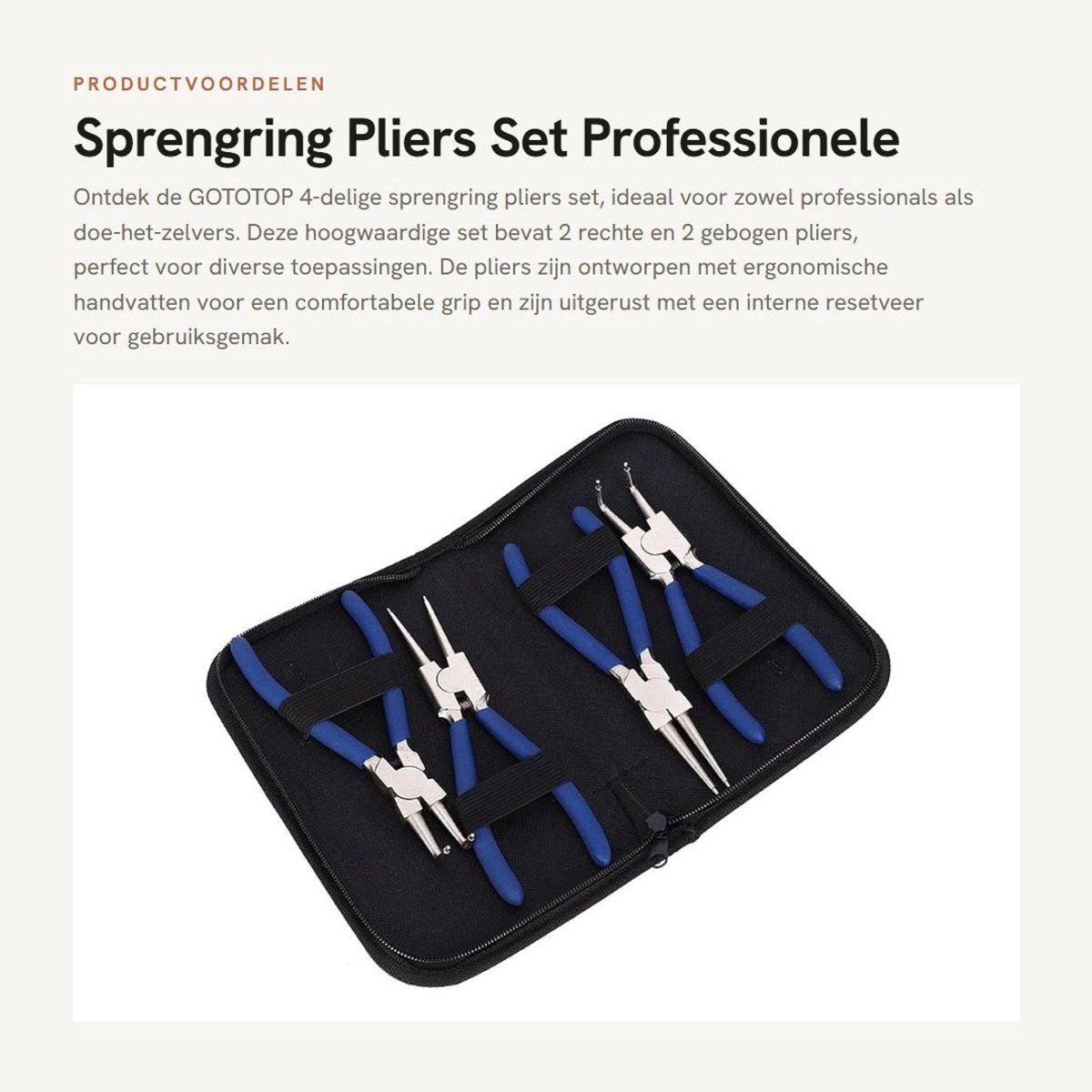 Dailygoods- Circlip Tang Set - 4 Stuks - Rechte/gebogen Pliers - Met Ingebouwde Veer - Met Verzonken Handvatten - Geleverd in Zwarte Tas - Sprengringtang
