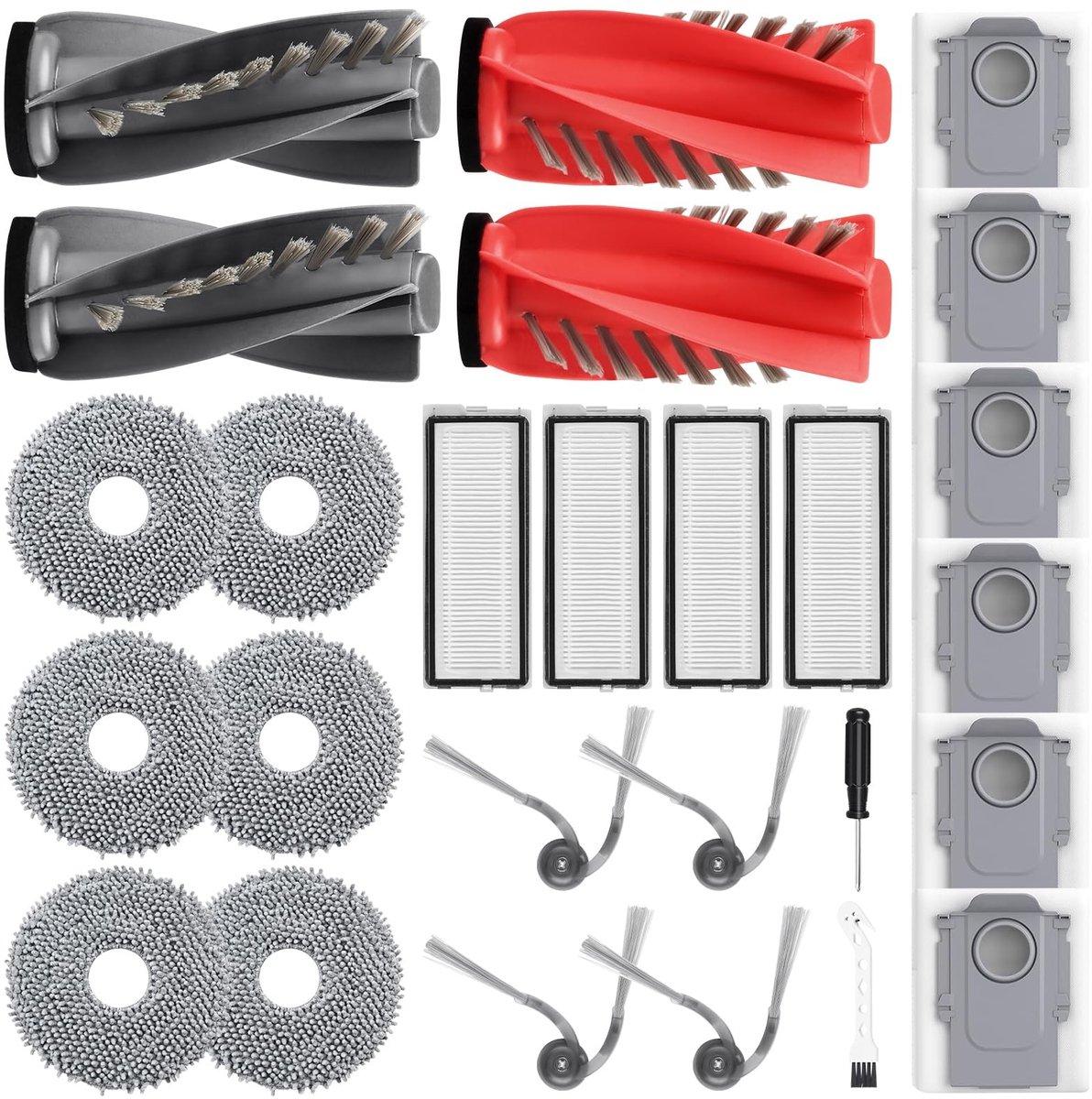 Dailygoods- Accessoires Robotstofzuiger - 26 Stuks - 2 Paar Hoofdborstels - 6 Stofzakken - 6 Dweilpads - 4 Filters - Perfecte Pasvorm - Robotstofzuigeronderdelen