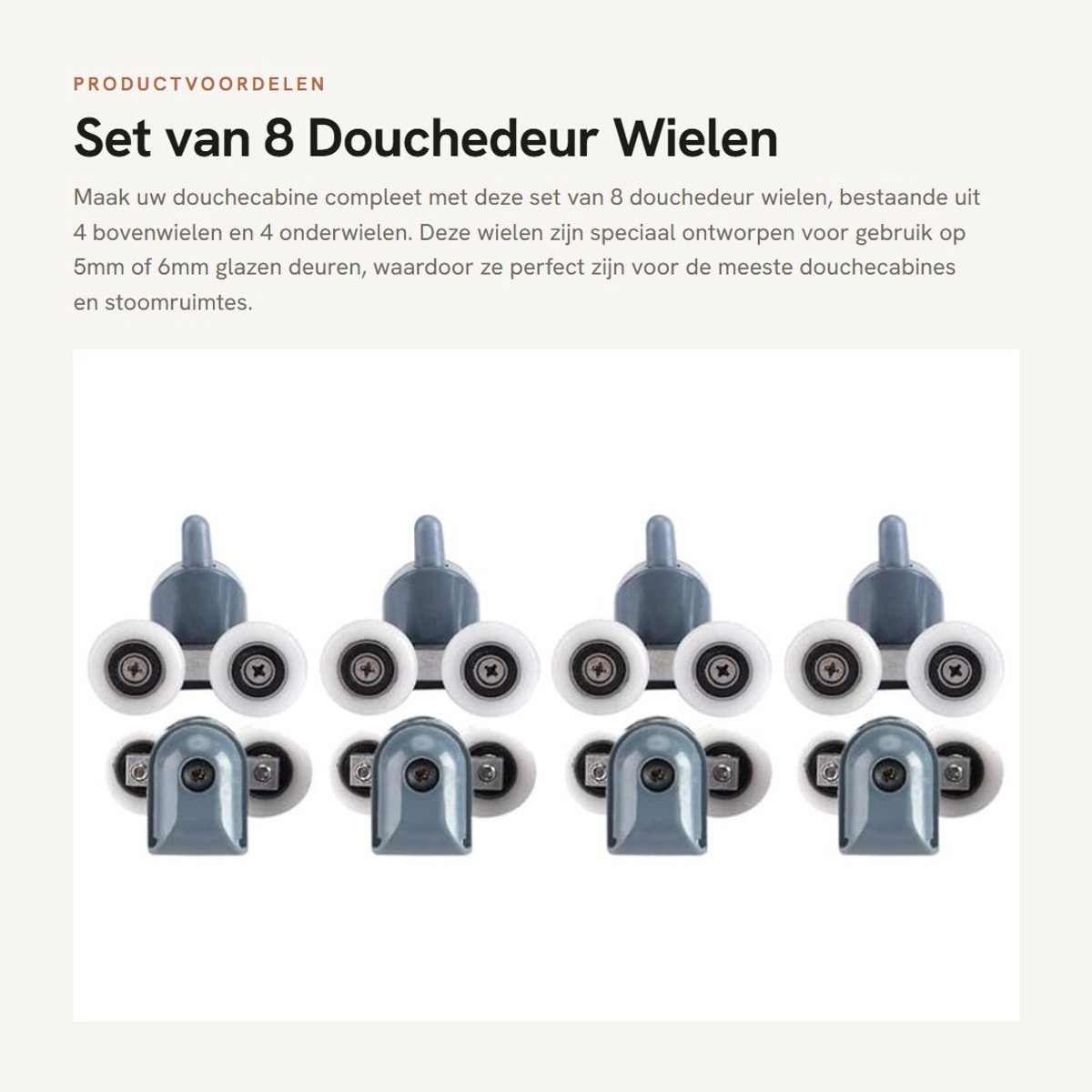 Solidchoice- Douchedeurwielen Set van 8 - 4 Bovenwielen - 4 Onderwielen - Geschikt voor 5mm/6mm Glas - Roestvrij Staal - Geluidsarm - Douchedeurrollen
