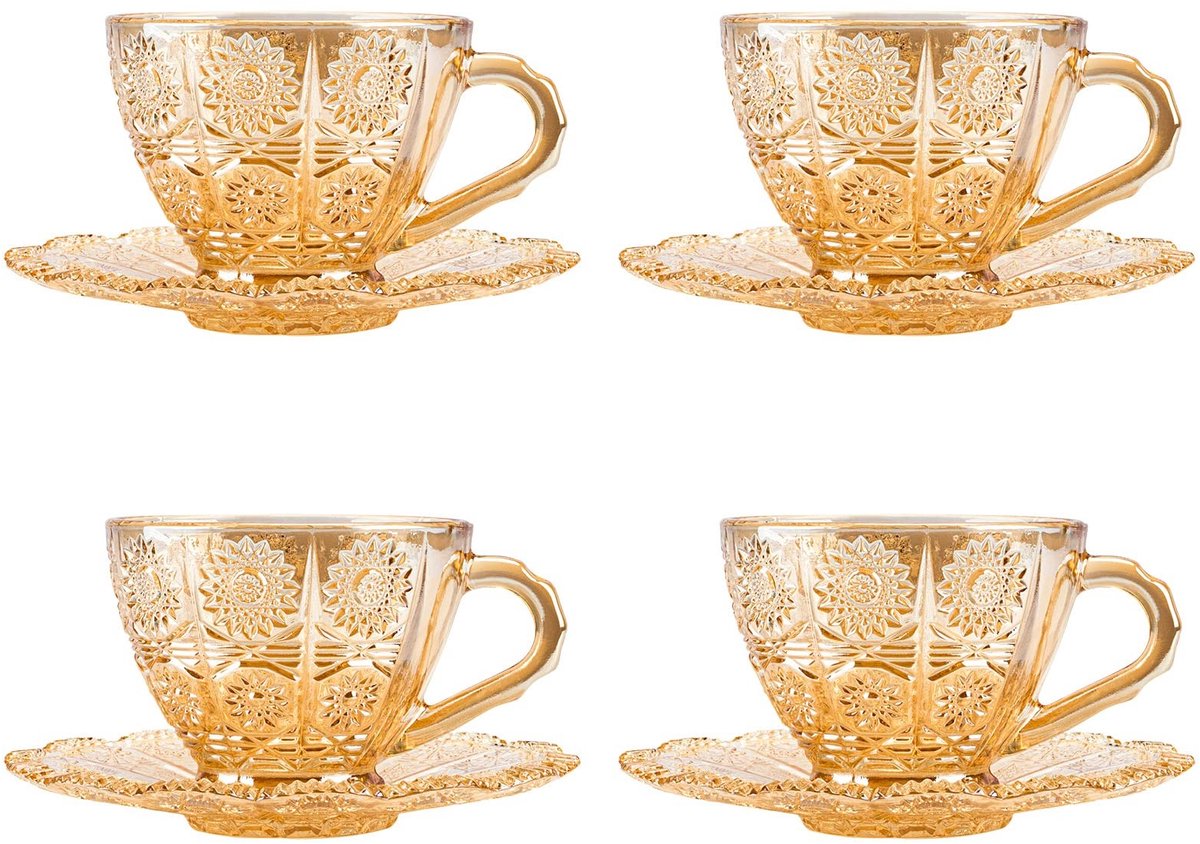Dailygoods- Theekopjes Set van 4 - Glazen Theekopjes 150 ml - Vintage Koffiemokken - Geschikt voor Magnetron/Vaatwasser - Elegant Bloemmotief - Voor Warme/Koude Dranken