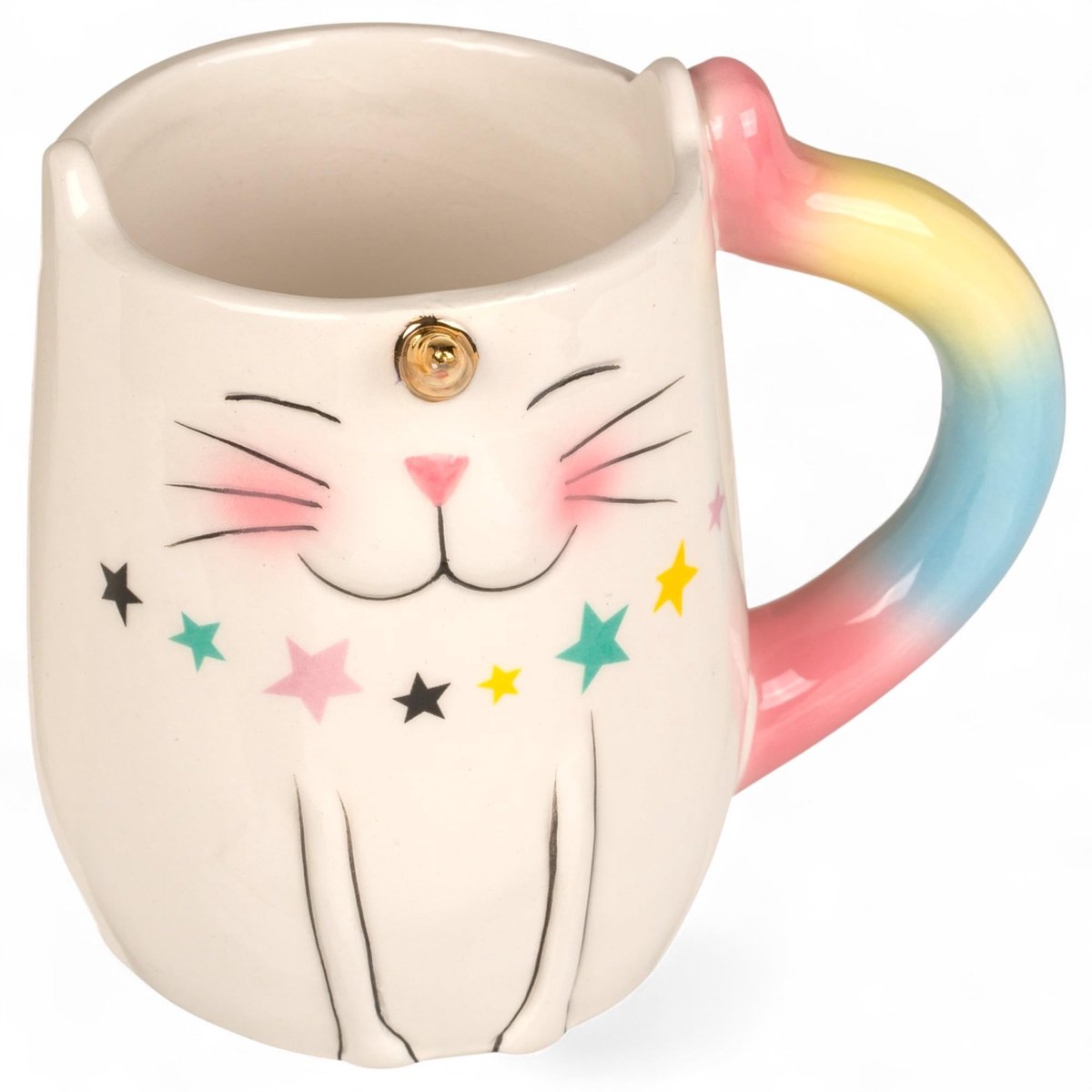 Dailygoods- Kattenmok Unicorn Cat - 380 ml - Keramische Beker - Dolomiet - Regenboog Handvat - Gouden Hoorn - Speels Design - Mok