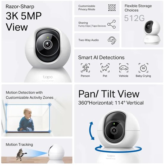 Tapo C230 beveiligingscamera met 3K 5MP weergave, Pan/Tilt, AI-detecties voor personen, huisdieren en voertuigen. Opslag tot 512G.