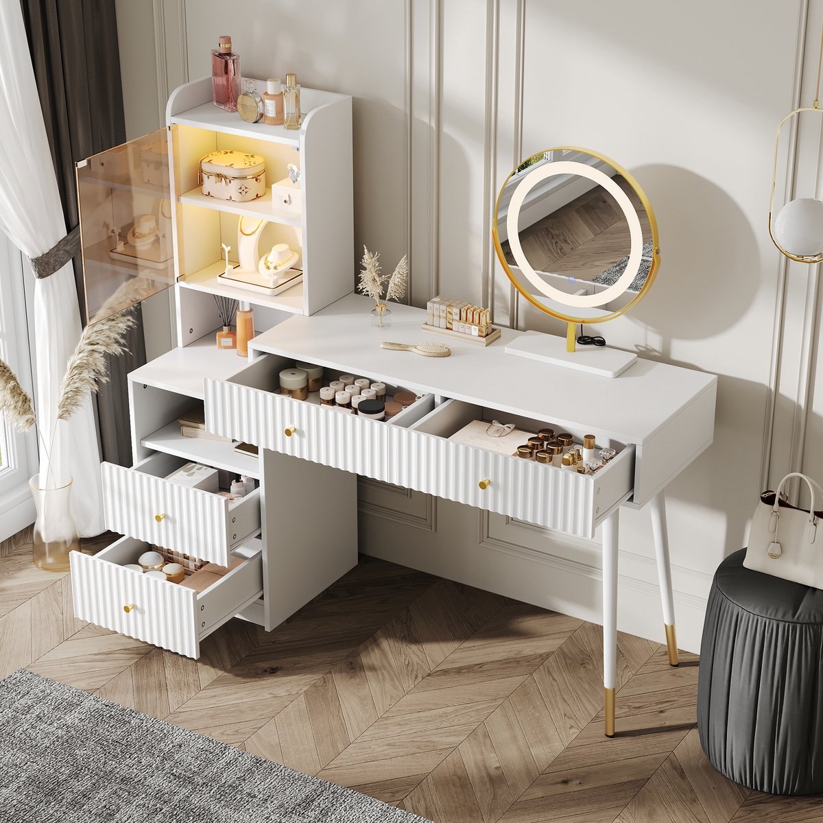 DESMIU Kaptafel Met Spiegel En Ledverlichting - Vier Laden En Verlichte Vitrine - Voor Slaapkamer En Make-uphoek - Spaanplaat - Wit - 100x40x125 Cm
