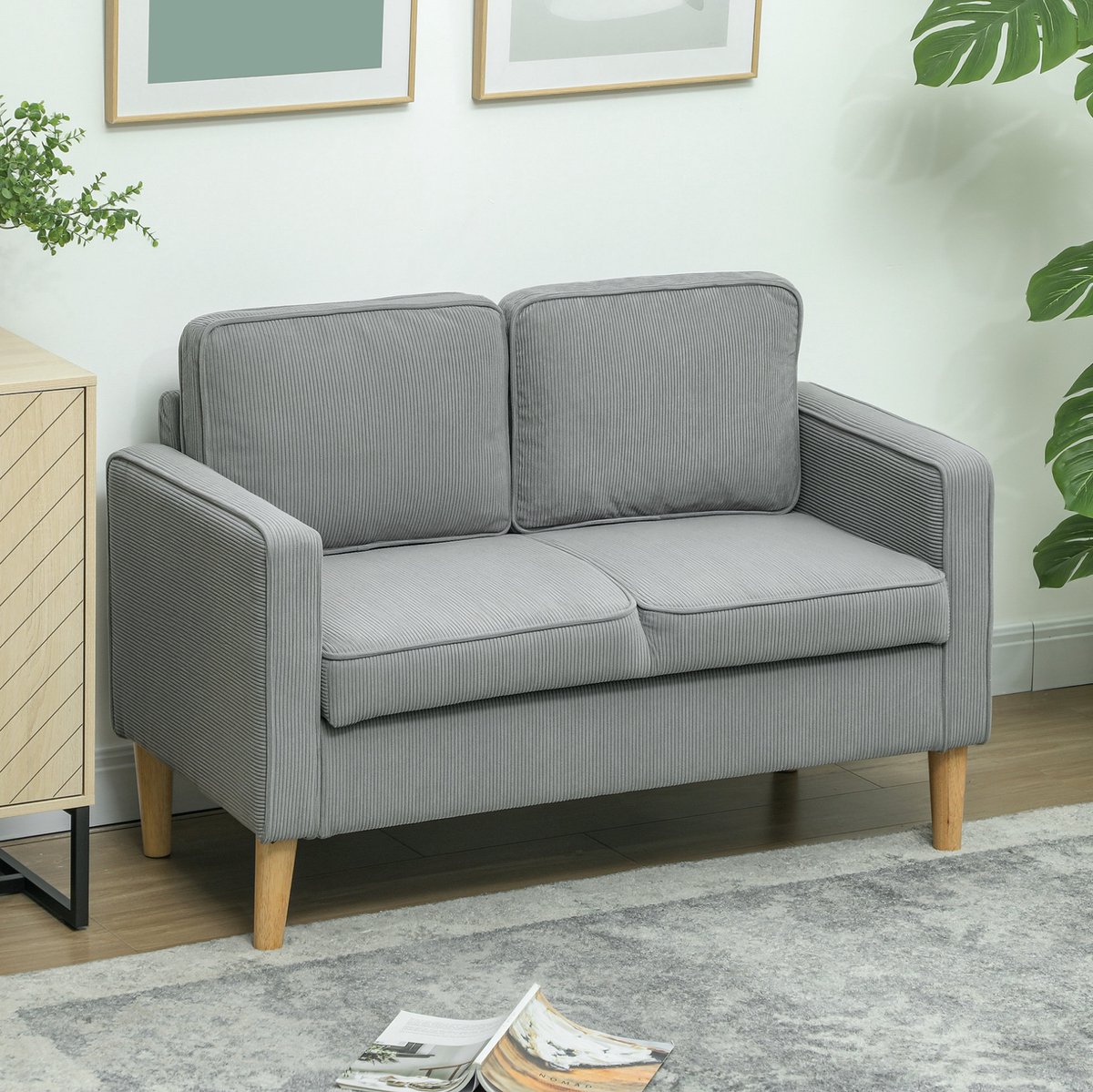 MEUNIQ 2-zitsbank 117 x 63 x 79 cm met opbergruimte, afneembare rugkussens, corduroy-look polyester en houten poten voor woonkamer of slaapkamer, lichtgrijs