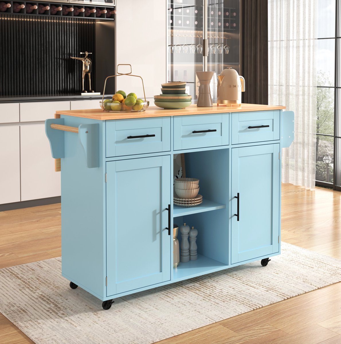 STILVORA Keukenkast - Met Opklapbaar Werkblad En Wielen - Met 3 Laden En 2 Deuren Voor Keuken En Eetkamer - Blauw Houtlook - 139x46x91,5 Cm