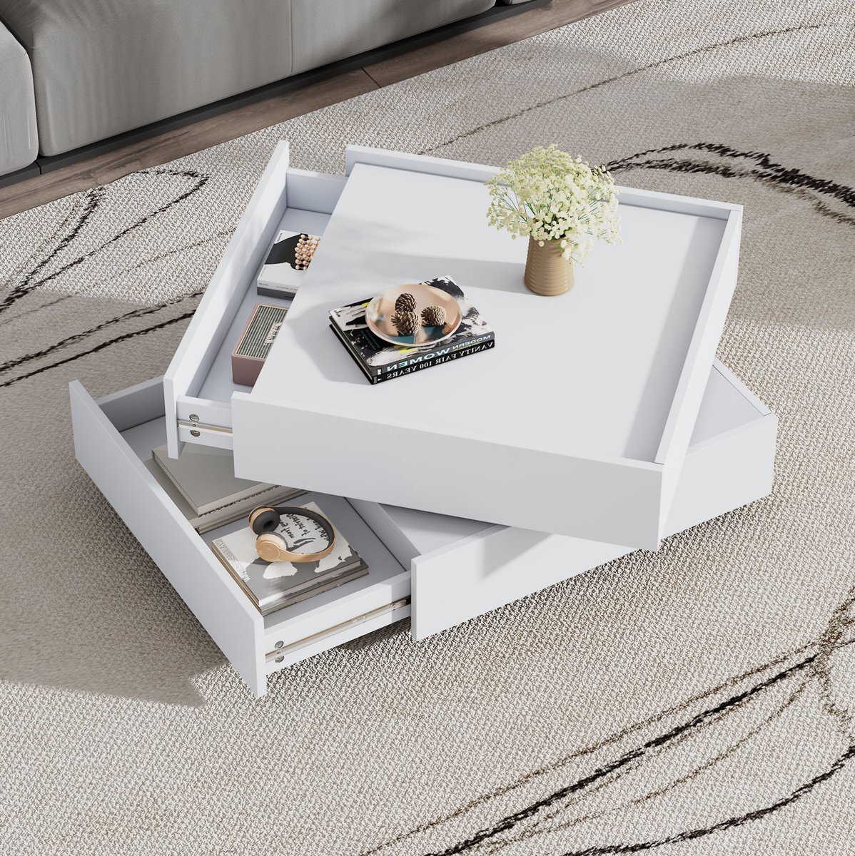 MIVRAY Salontafel - 360 Graden Draaibaar Met 2 Lades En Opbergruimte - Voor Woonkamer Of Kantoor - Spaanplaat Wit - 60x60x38 Cm