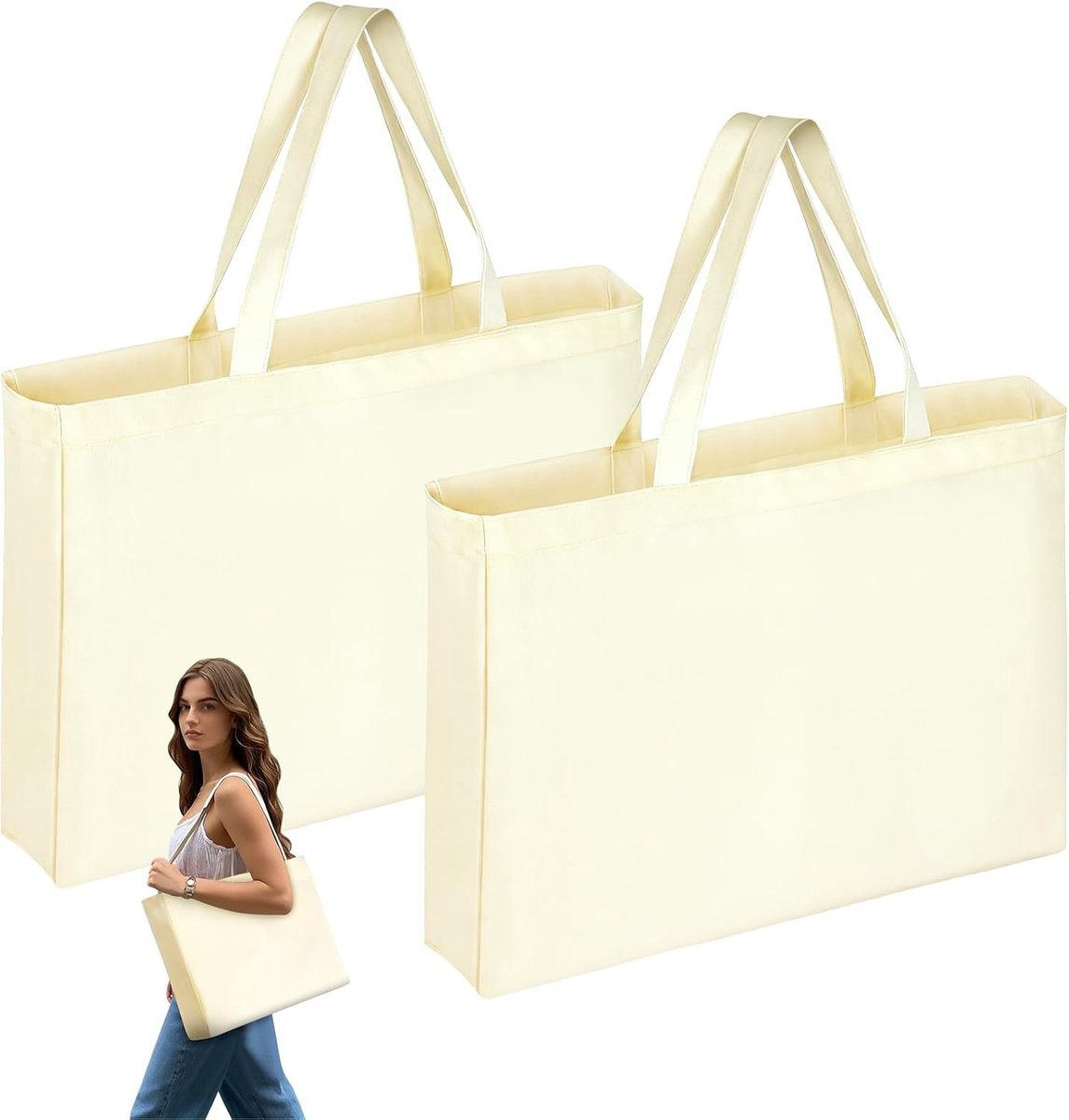 Herbruikbare Shopper Tassen Set van 2, 45x35cm, Milieuvriendelijke Katoenen Tas, Vouwbare Canvas Tote, Ideaal voor Winkelen en DIY Projecten