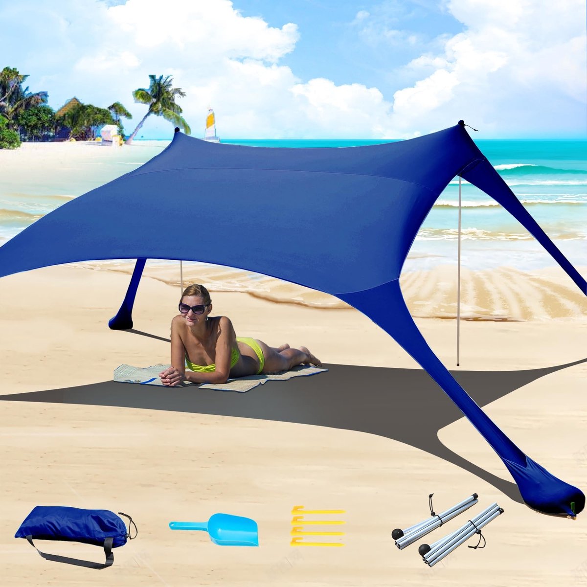 Dailygoods- Strandtent Pop-Up 2x2,1 m - UPF 50+ Zonnebescherming - Waterdicht - Anti-wind - Verstelbare Luifel - Stabiliteitsstaven - Zonnescherm