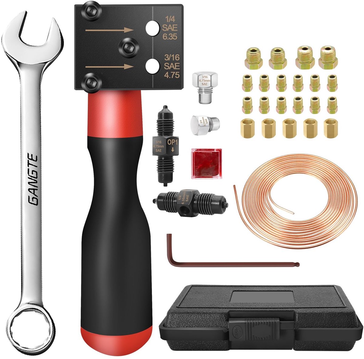 Dailygoods - Uitlaatset voor SAE-remleidingen, ratelsleutel 17 mm, voor auto-remleidingen van 4,75 en 6,35 mm, met remkabel met een diameter van 7,62 m en 16 aansluitingen, 5 connectoren