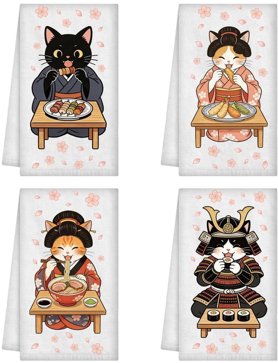 Dailygoods - WADORN 4 stijlen grappige katten keukenhanddoeken, Japanse katten geschenken voor vrouwen mannen theedoek herbruikbare bulk decoratieve handdoeken zachte absorberende rustieke vaatdoeken 60 x 40 cm