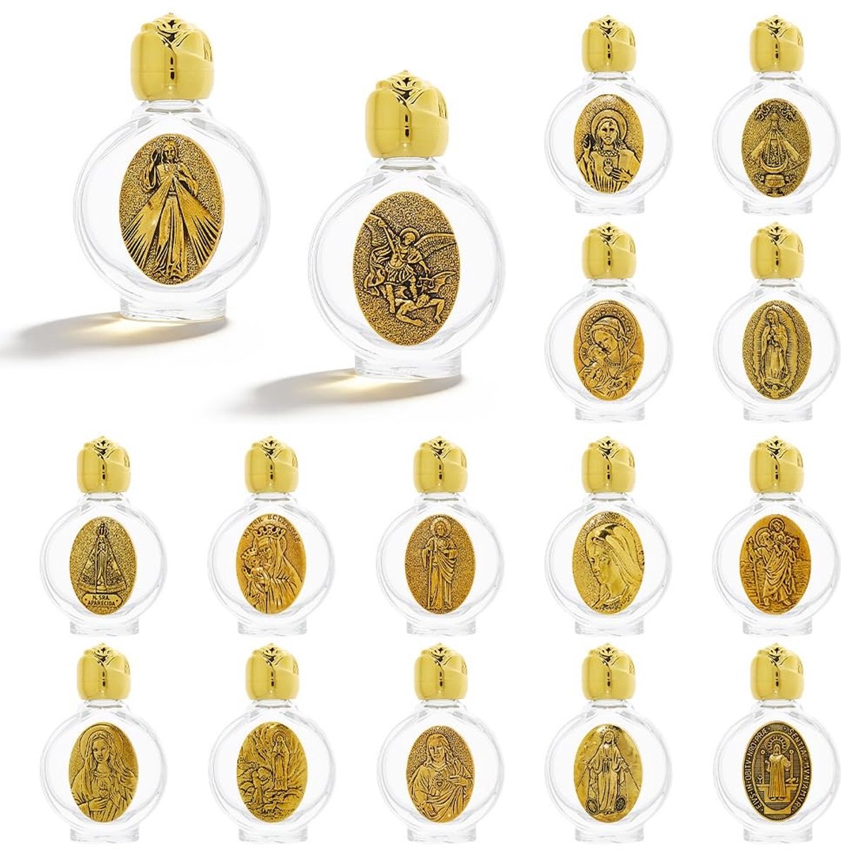 Inovra- Wijwaterfles 15 ml - Antieke Gouden Afwerking - Katholiek Reliëf - Rozensluiting - Navulbaar - Set van 16 Stuks - Heiligwaterfles