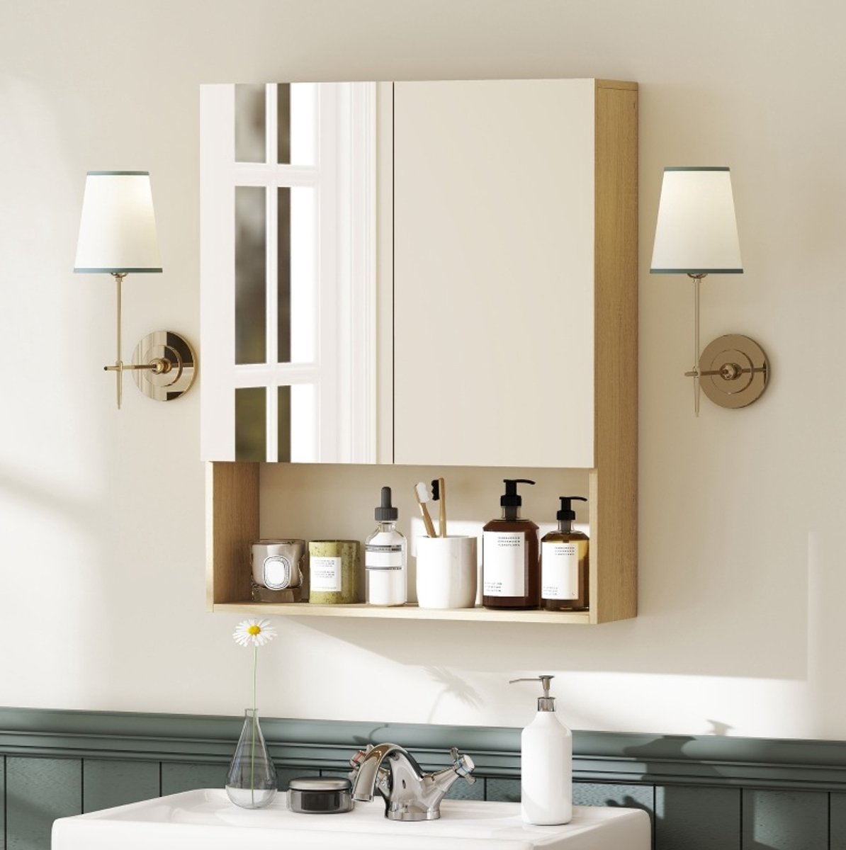 MEUNIQ badkamerspiegelkast 60 x 16,6 x 75 cm met 2 spiegeldeuren, soft-close scharnieren,
