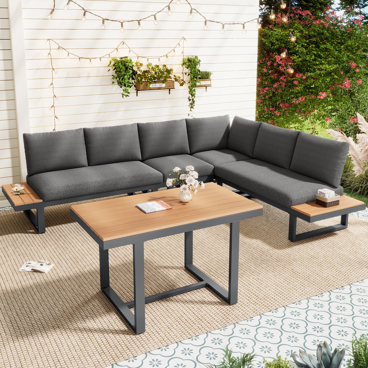 DESMIU Tuinset 252 x 197 x 65,5 cm - Verstelbare Rugleuning In 5 Standen - Hoekopstelling Voor Balkon En Terras - Staal En Polyester - Zwart Grijs