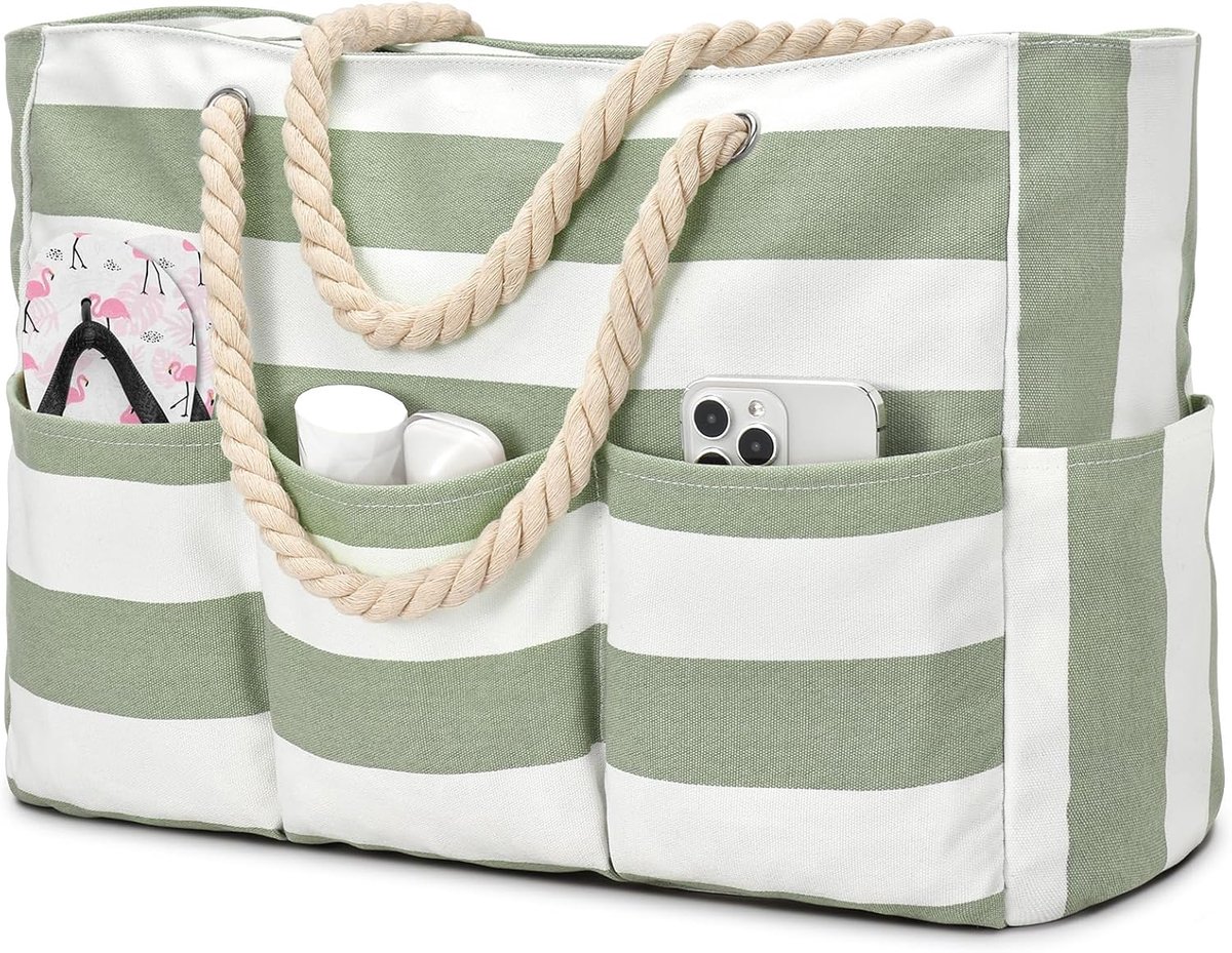 Thijox - Waterdichte XXL Strandtas, Opvouwbare Shoppertas voor Dames, Meerdere Vakken, Versterkte Schouderbanden van Jute, Perfect voor Strand, Vakant