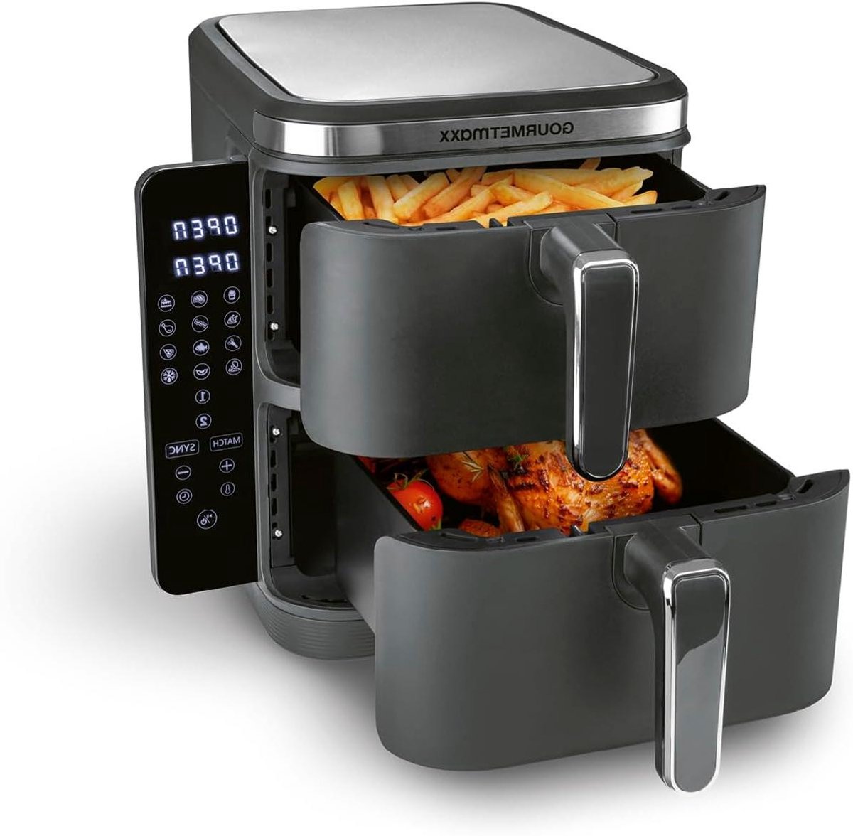 Verticale heteluchtfriteuse - Dubbele kamer airfryer - Gezinsmaaltijden bereiden - Ruimtebesparend design - 10 liter inhoud - Grijs