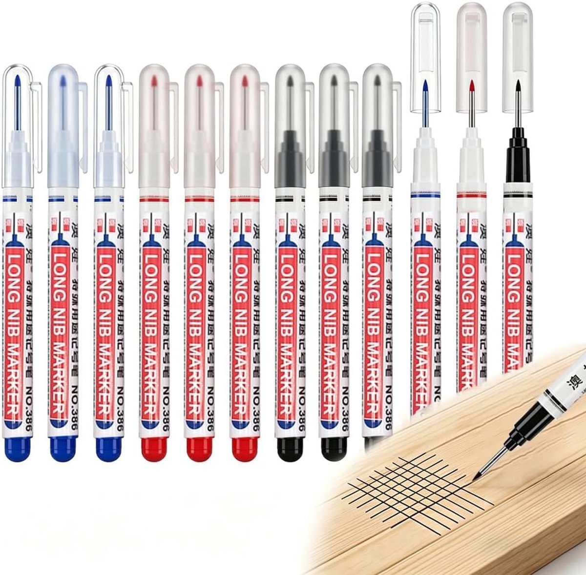 Thijox - Markeerstiften voor diepe gaten 20 mm, fijne punt, permanente markers voor hout, kunststof, muur, metaal, karton, 12 stuks, perfect voor klus
