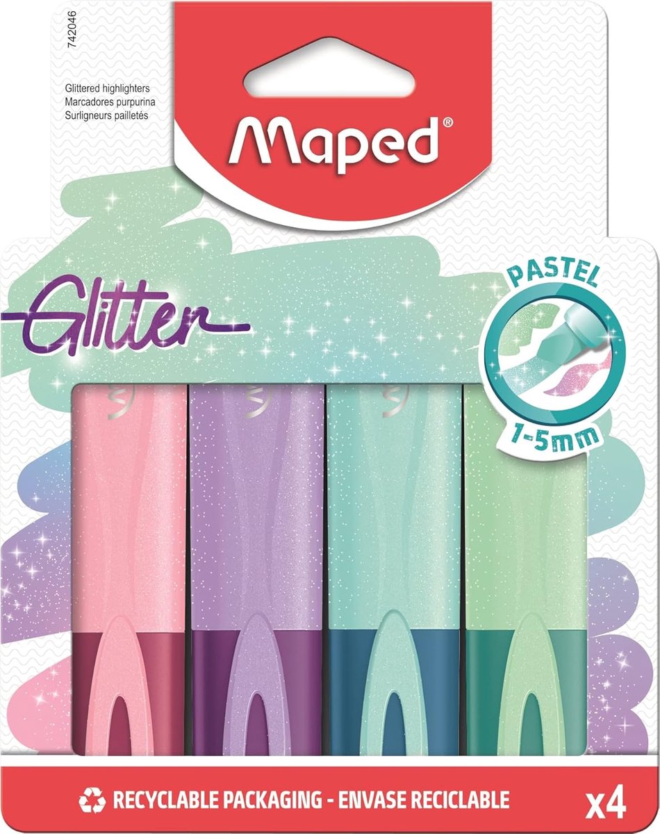 Thijox - Set van 4 Fluo PEPS Pastelglitter Markeerstiften - Lichtmarker met Glitterdeeltjes in Groen, Lichtblauw, Paars en Roze - Perfect voor School,