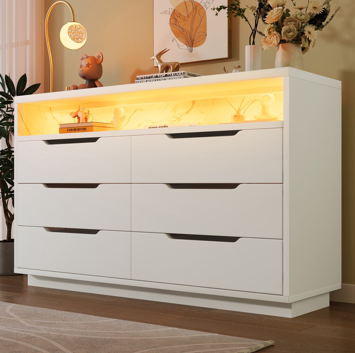 HAUSS SPOLE Dressoir - Met LED Verlichting En 6 Lades - Open Opbergvak Voor Woonkamer En Slaapkamer - Spaanplaat - 120x40x85 Cm - Wit