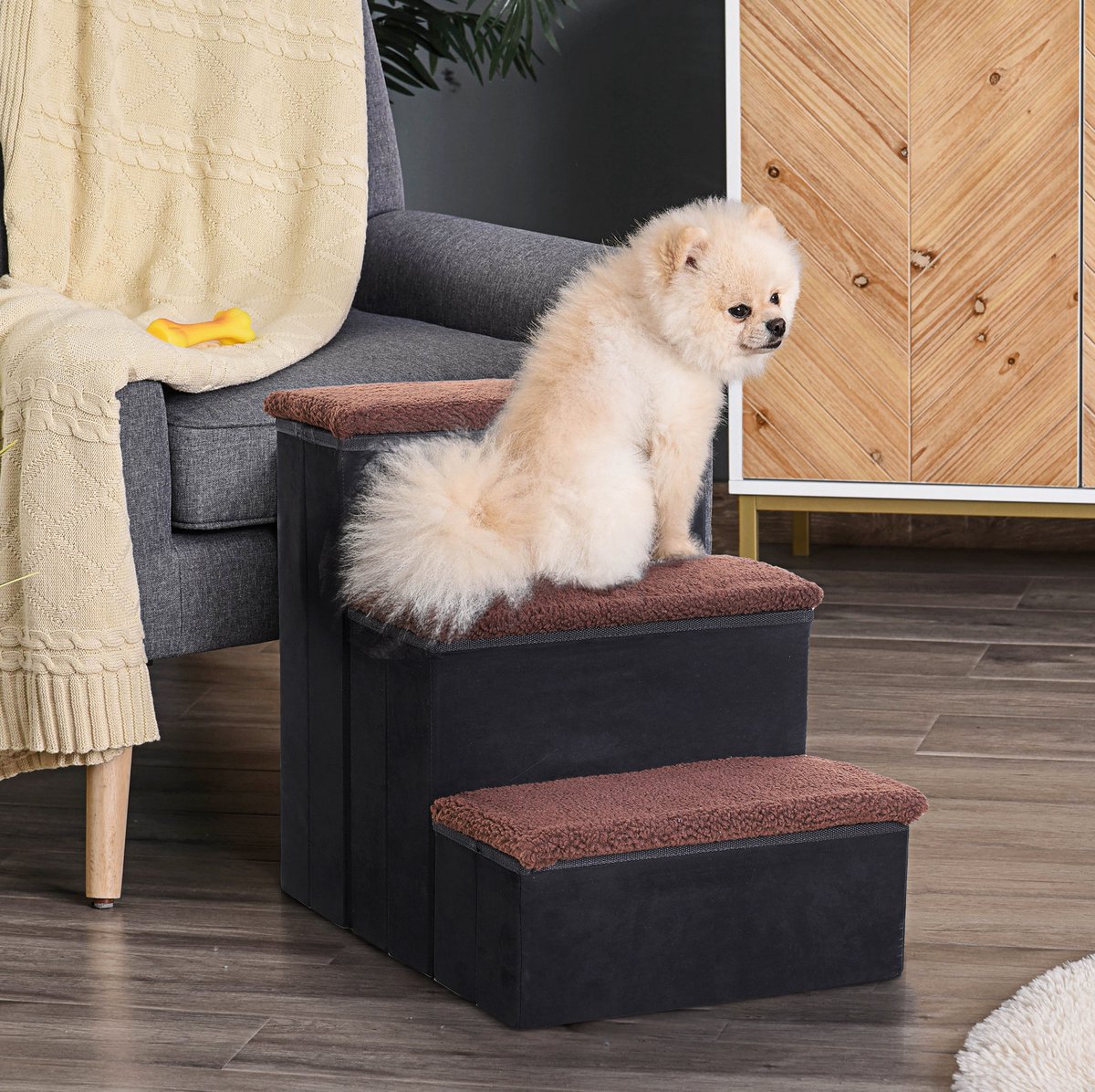 MEUNIQ opvouwbare huisdiertrap met 3 treden en opbergruimte, hondentrap en kattentrap voor bank of auto, afneembare zachte bekleding, zwart, 40 x 54 x 48 cm