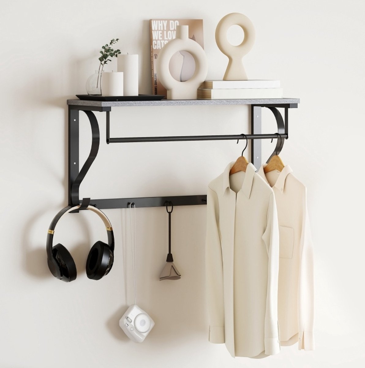 MEUNIQ wandgarderobe met plank en kledingstang, 5 haken, wandgemonteerd kledingrek voor hal, badkamer of woonkamer, grijs met zwart metalen frame