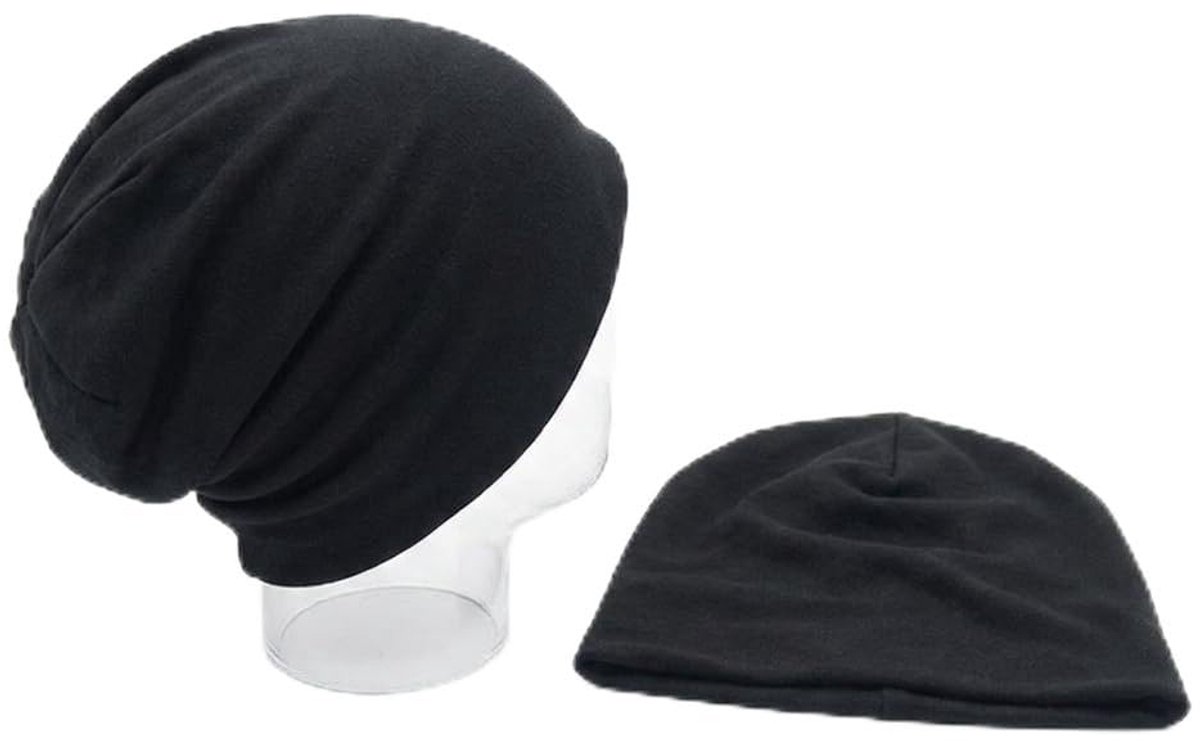 beanie muts voor dames en heren, zachte ademende jersey slouch beanie, lichte overgangsmuts voor lente, zomer, herfst, elastische eenheidsmaat, zwart, M (56-60 cm), 2 stuks