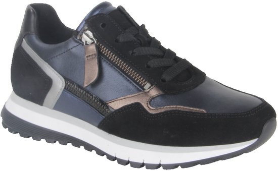 Blauwe en zwarte Gabor sneaker met rits en witte zool.