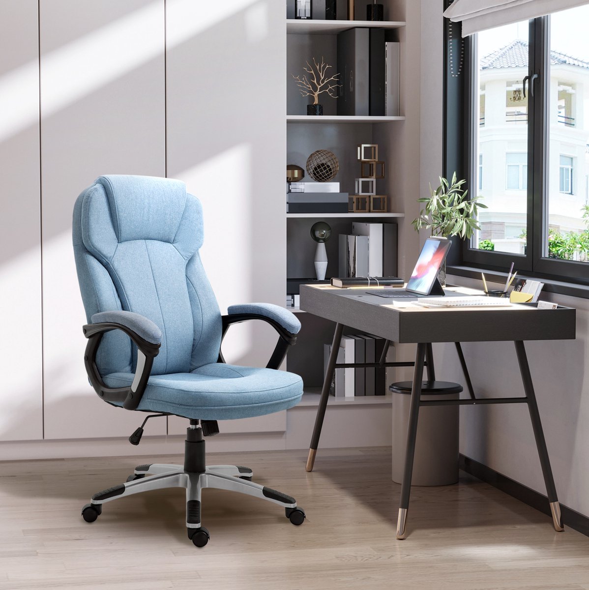MIVRAY Bureaustoel 66 x 75 x 110-120 cm - Ergonomisch Hoog Model Met Verstelbare Hoogte, Kantelfunctie En Wielen - Linnen Lichtblauw