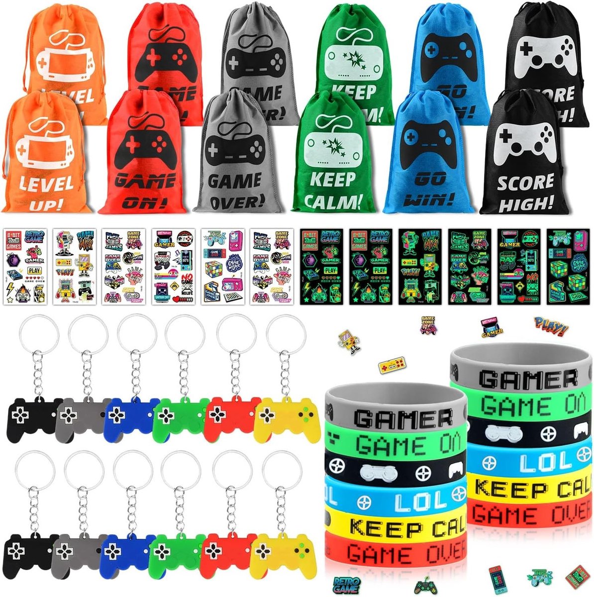 Feestelijke Goodiebags voor Gamers, 48 Stuks met Trekkoordtassen, Siliconen Armbanden, Sleutelhangers en Glow in the Dark Tatoeages voor Video Game Verjaardagsfeestjes voor Kinderen en Volwassenen