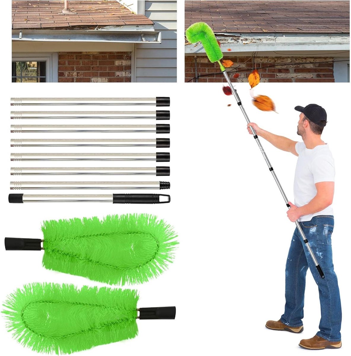Dakgoot Reiniger - Gootborstel Set - Huis Onderhoud - Verstelbaar Lengte - 310 cm - Groen