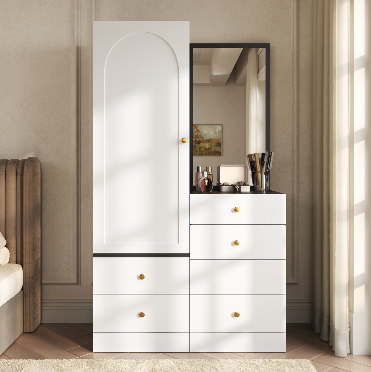 MIVRAY Kledingkast - Multifunctionele Sminkkast Met Spiegel En Verborgen Kruk - Voor Slaapkamer En Opbergen - MDF - 90x50,5x160 Cm - Zwart Wit