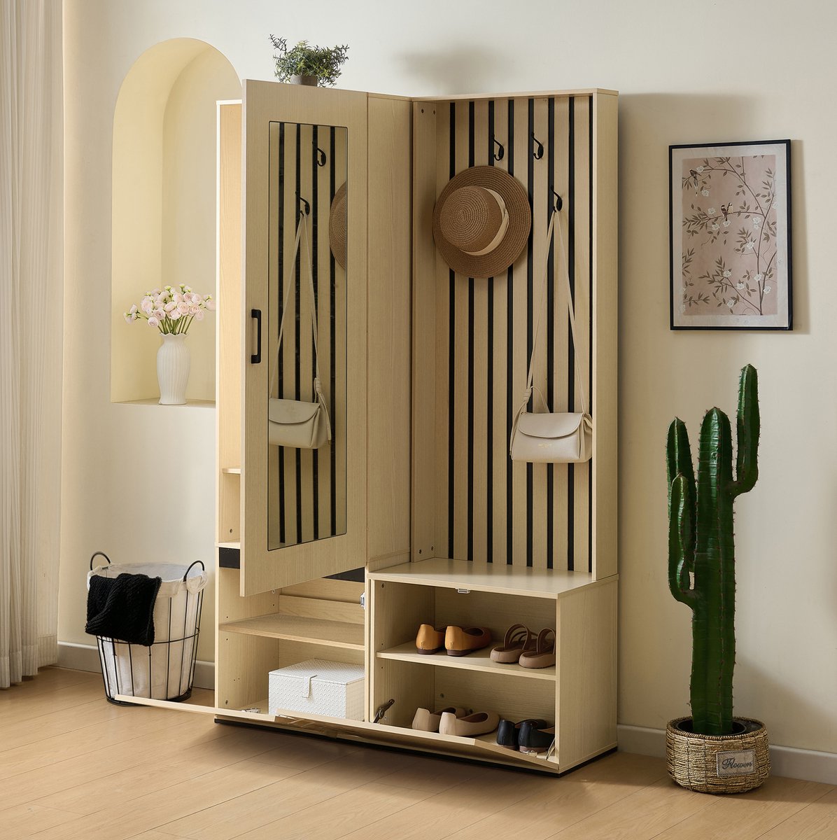 MIVRAY Halmeubel - Garderobekast Met Spiegel En Zitbank - Uitschuifbare Kledingroede En Schoenopberging Voor Hal - MDF - Houtkleur