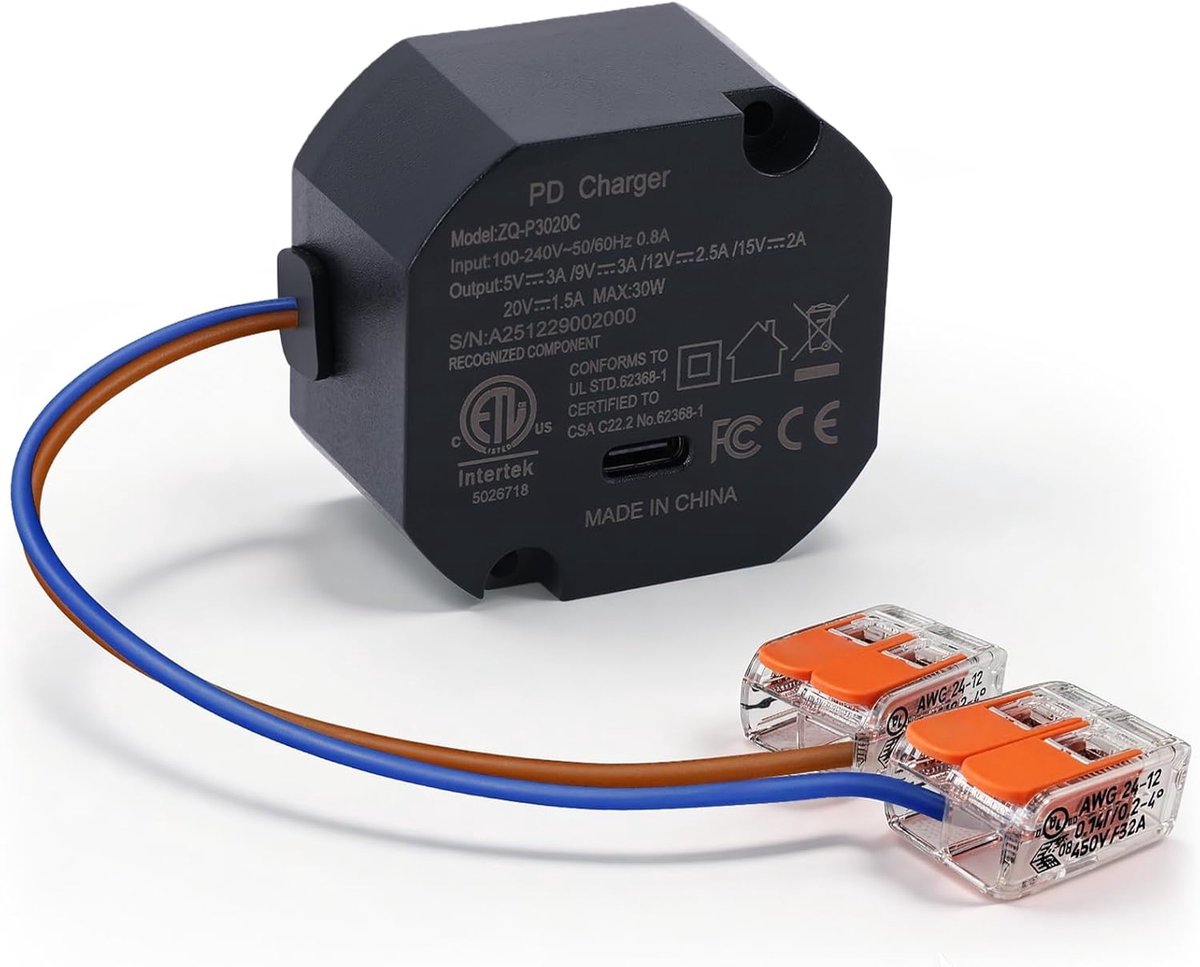 Thijox - USB C Lichtnetadapter 30 W Snellader voor Tablets en Smart Home Systemen, Aluminium Behuizing, Ideaal voor Thuis en Op Reis