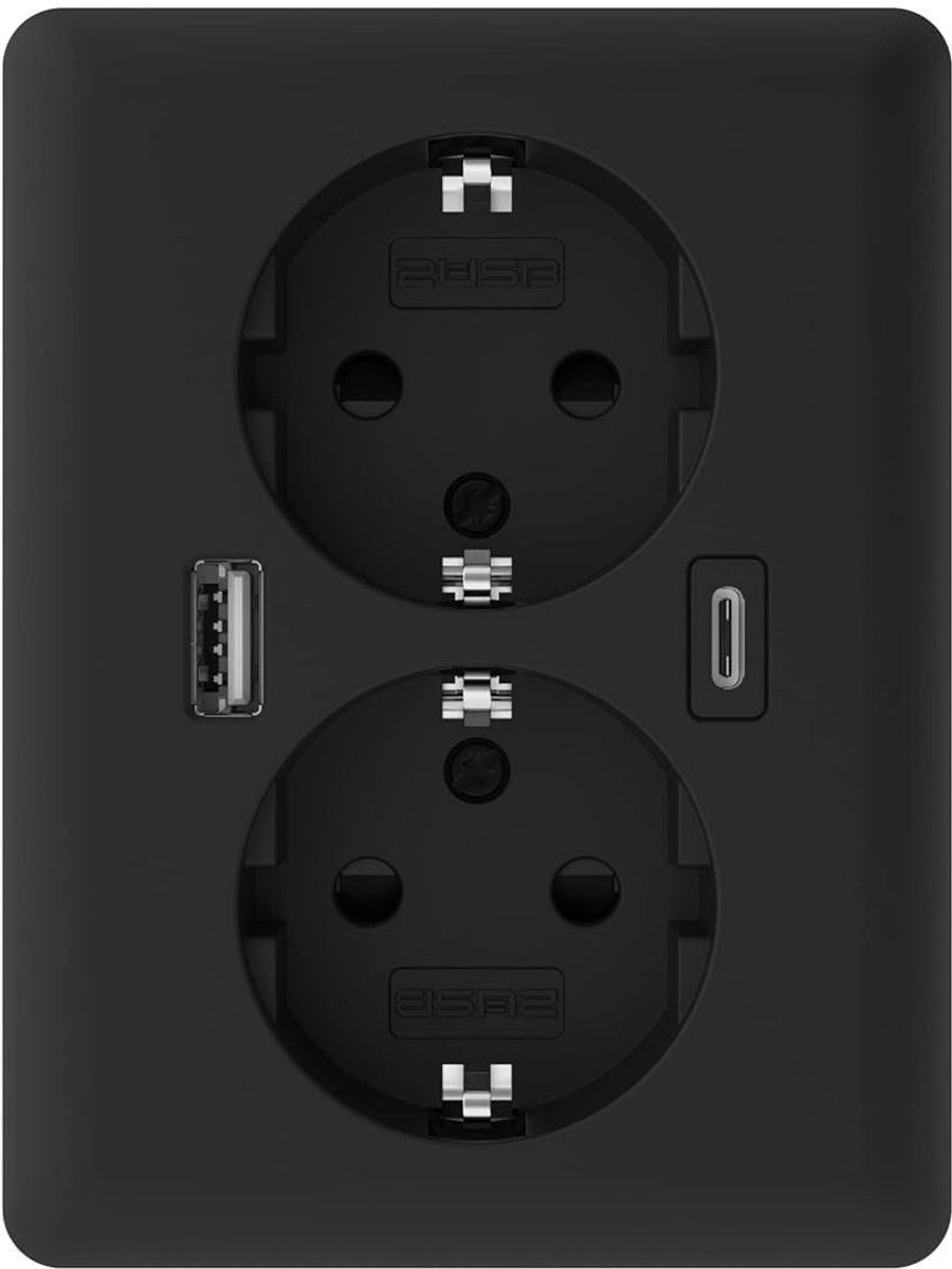 Thijox - Inbouwstopcontact EasyCharge DUO 10 mm - USB-A & USB-C Snellader 18 W - Energiezuinig Mat Zwart voor Thuis, Keuken en Kantoor