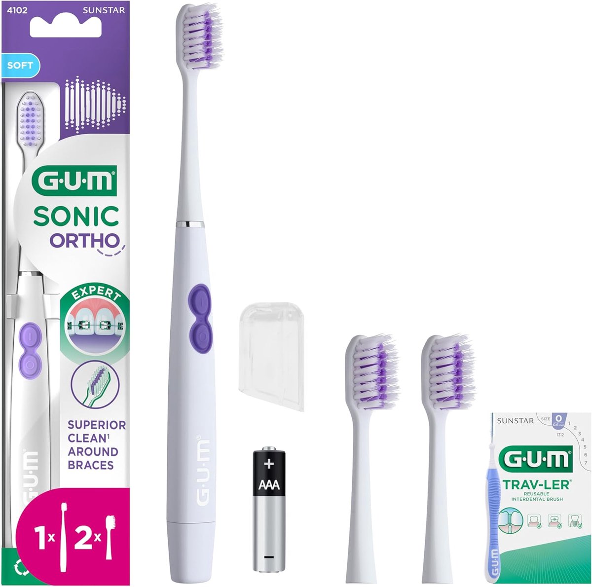 Thijox - GUM SONIC ORTHO elektrische tandenborstel voor beugels | sonische trillingen | zachte borstelharen | draadloos | 1x tandenborstel + 2x vervan