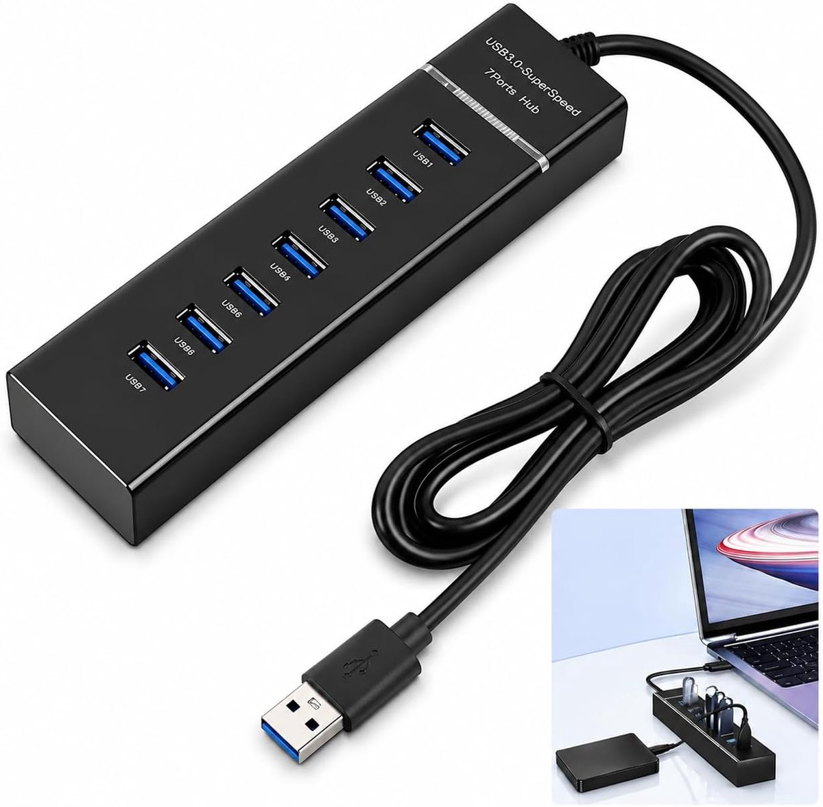 Thijox - 7-poorts USB-hub met 120 cm kabel, USB 3.0 Super Speed Hub, USB-verdeler voor laptop, pc, tablet, toetsenbord, muis en harde schijf - Zwart