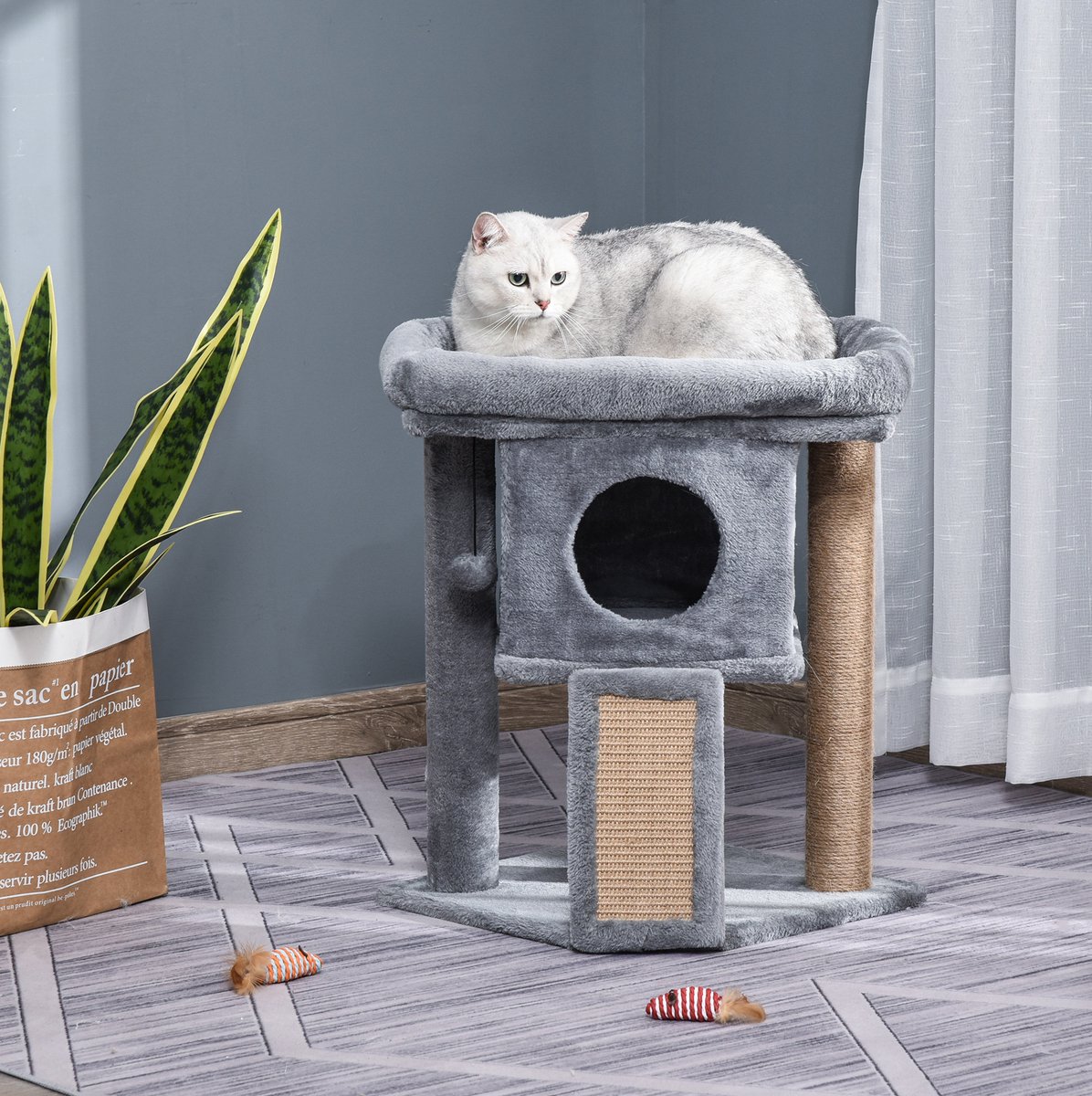 HAUSS SPOLE Krabpaal – Multifunctioneel 40 x 40 x 57 cm – Hout, Pluche en Jute – Lichtgrijs – Met Kattenhuis, Ligplatform en Speelbal