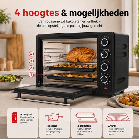 TurboTronic EV35 Vrijstaande oven 35L - Mini oven - Elektrische Oven - Zwart